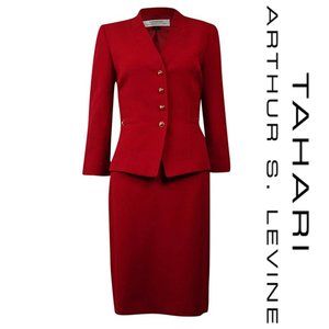 Red Tahari Skirt Suit 10P with Gold Buttons/Detail
